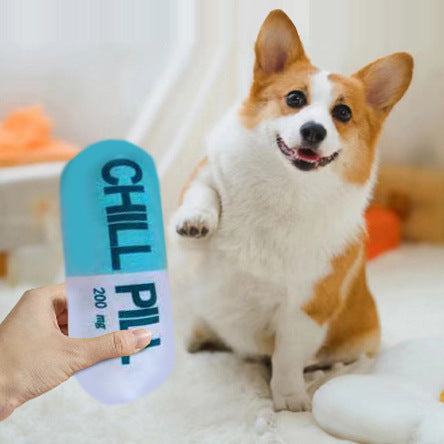 Chill Pill Plush Squeaky Dog Toy – Novelty Capsule Toy in 4 Colors