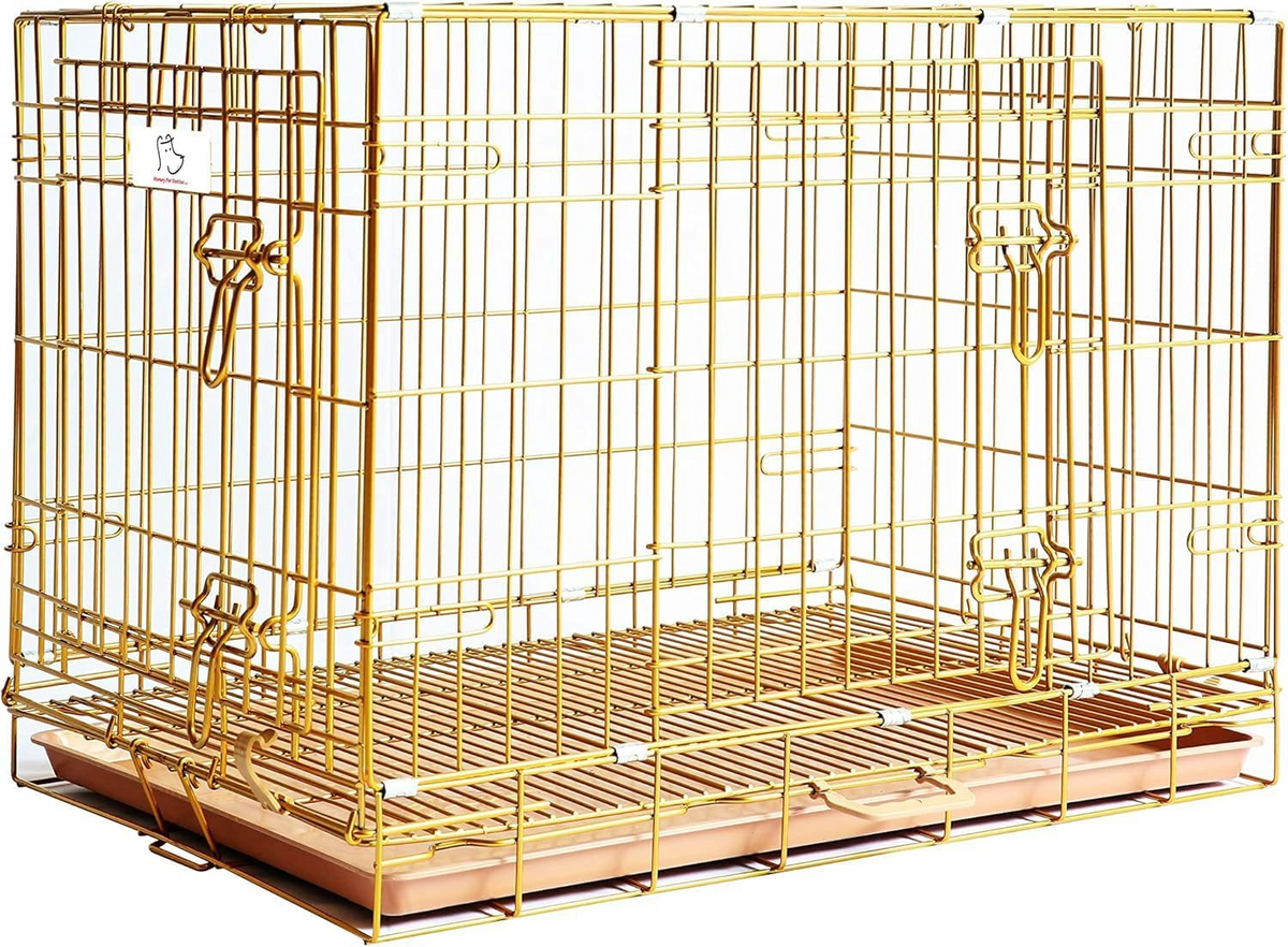 Copper Gold Double-Door Foldable Dog Crate with Removable Tray – 24–42 Inch