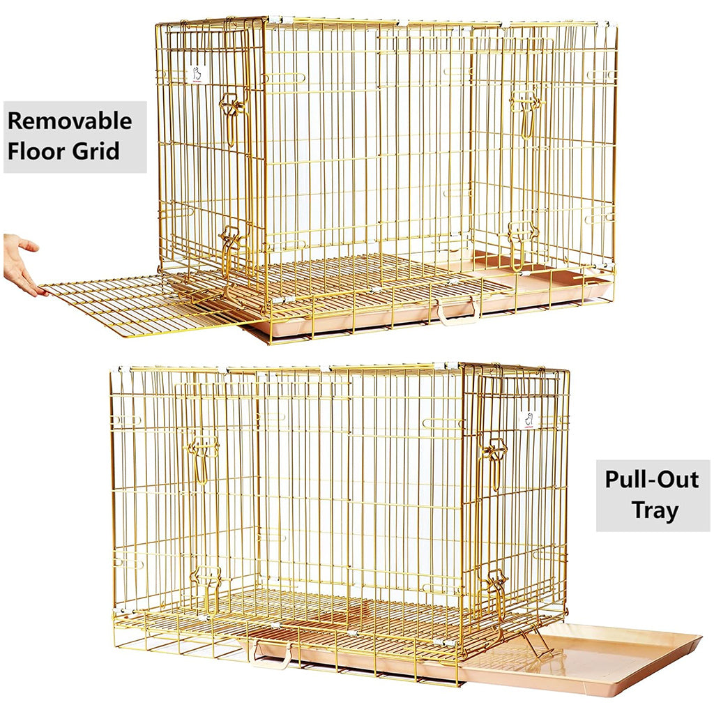 Copper Gold Double-Door Foldable Dog Crate with Removable Tray – 24–42 Inch