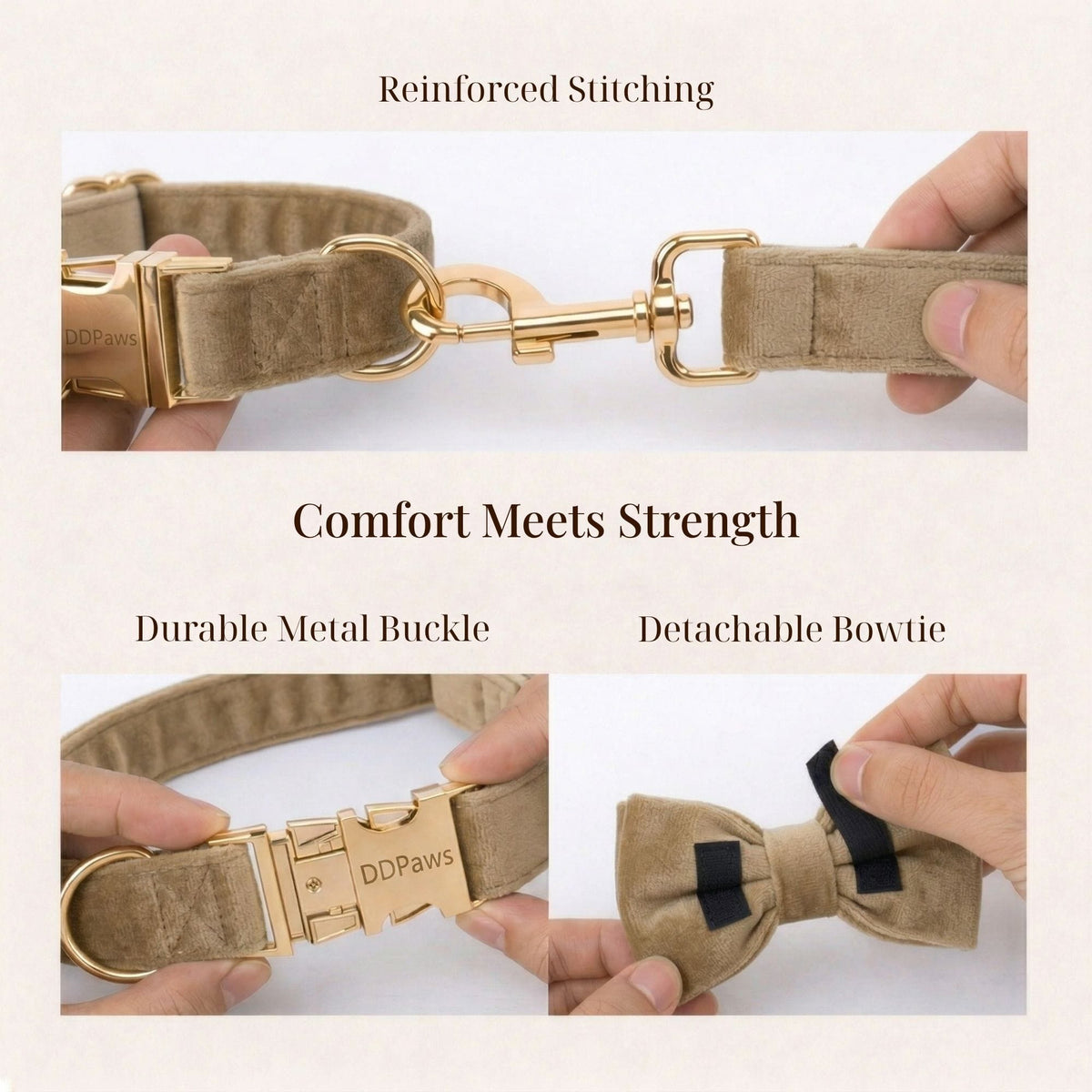 Khaki Velvet Dog Harness Set – Personalized No-Pull Harness, Leash & Collar