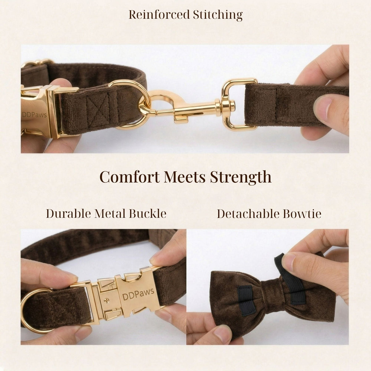Dark Brown Velvet Dog Harness Set – Personalized No-Pull Harness, Leash & Collar