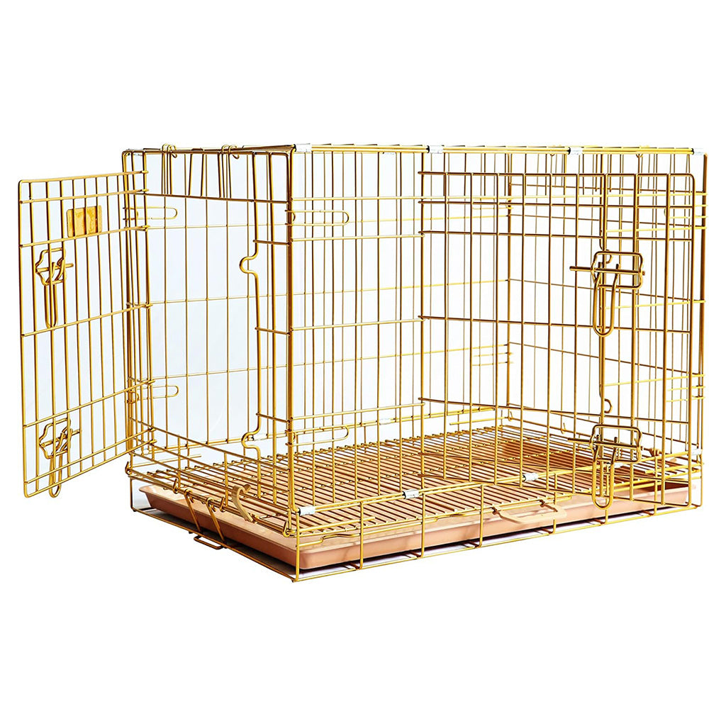 Copper Gold Double-Door Foldable Dog Crate with Removable Tray – 24–42 Inch