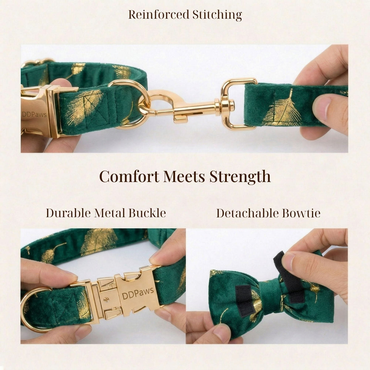 Green Feather Velvet Dog Harness Set – Personalized No-Pull Harness, Leash & Collar