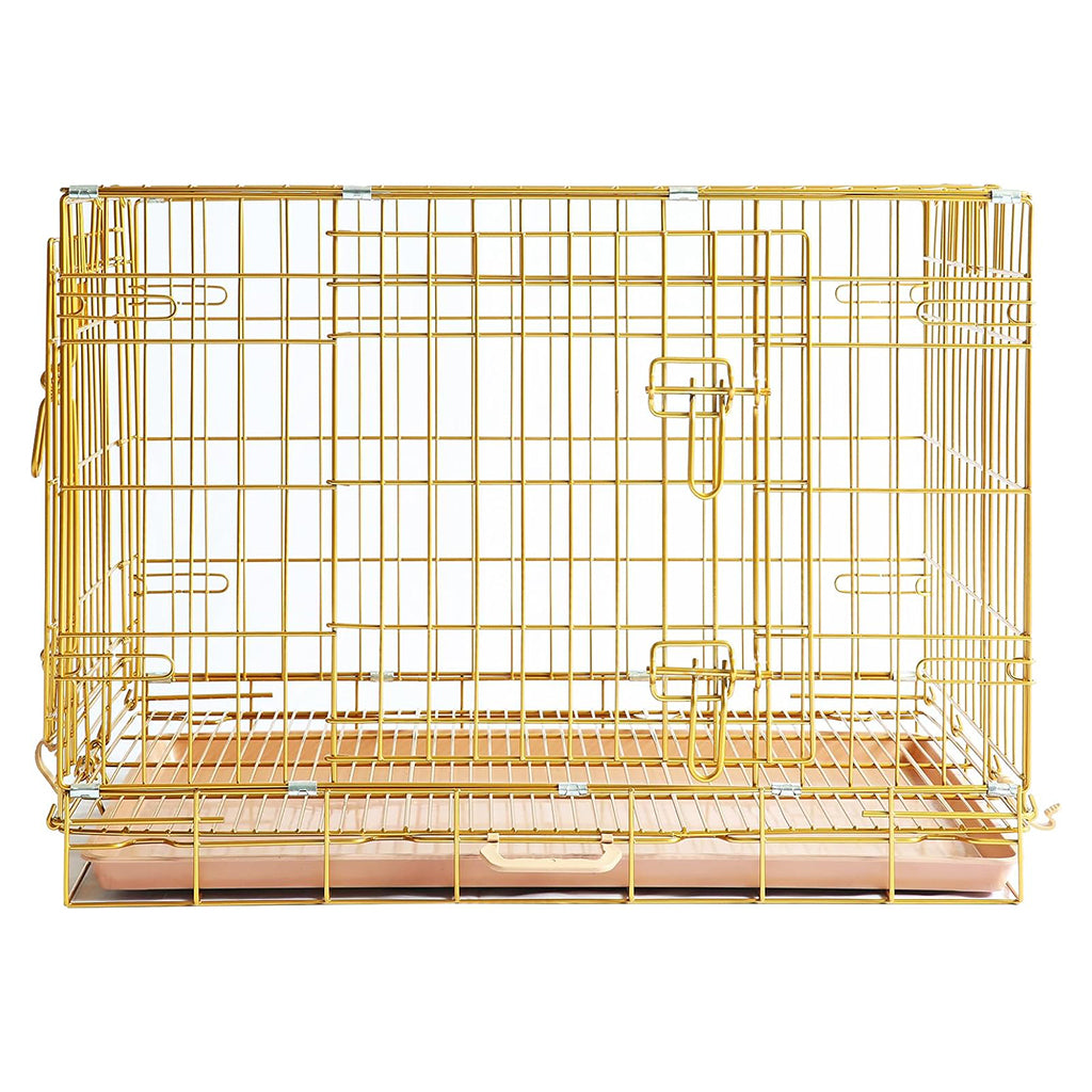 Copper Gold Double-Door Foldable Dog Crate with Removable Tray – 24–42 Inch