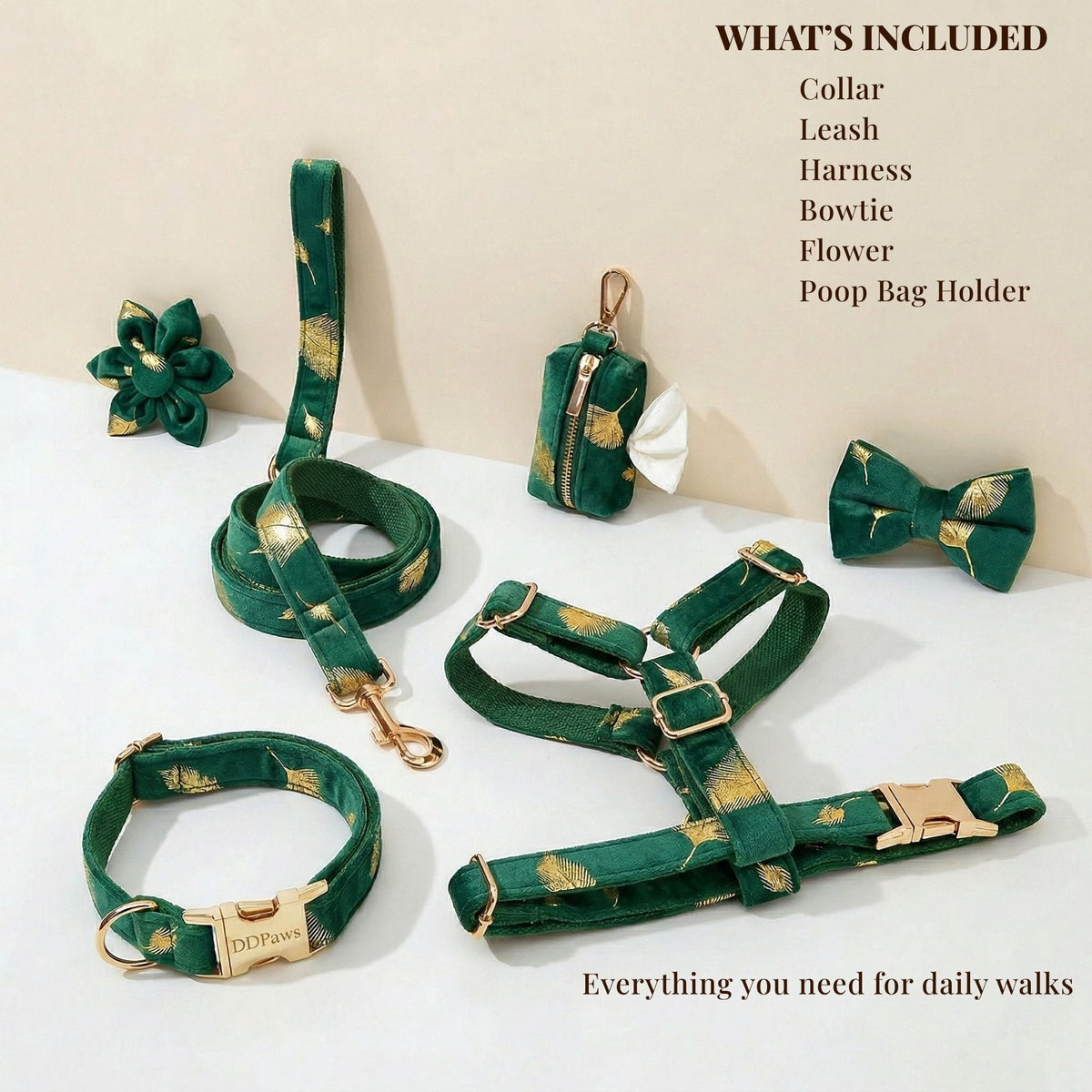 Green Feather Velvet Dog Harness Set – Personalized No-Pull Harness, Leash & Collar