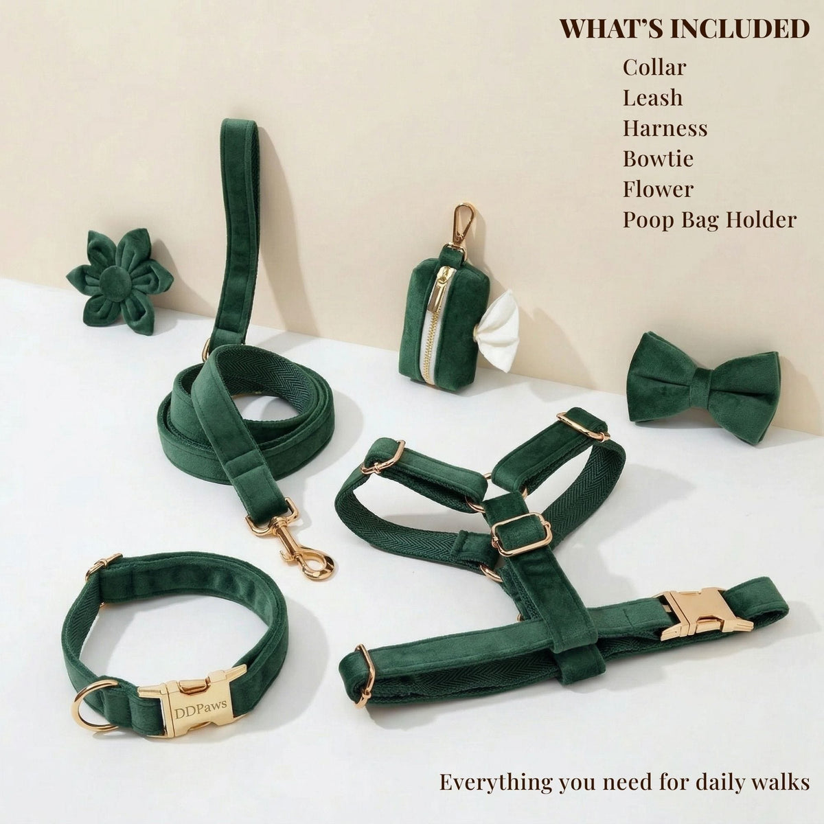 Forest Teal Velvet Dog Harness Set – Personalized No-Pull Harness, Leash & Collar