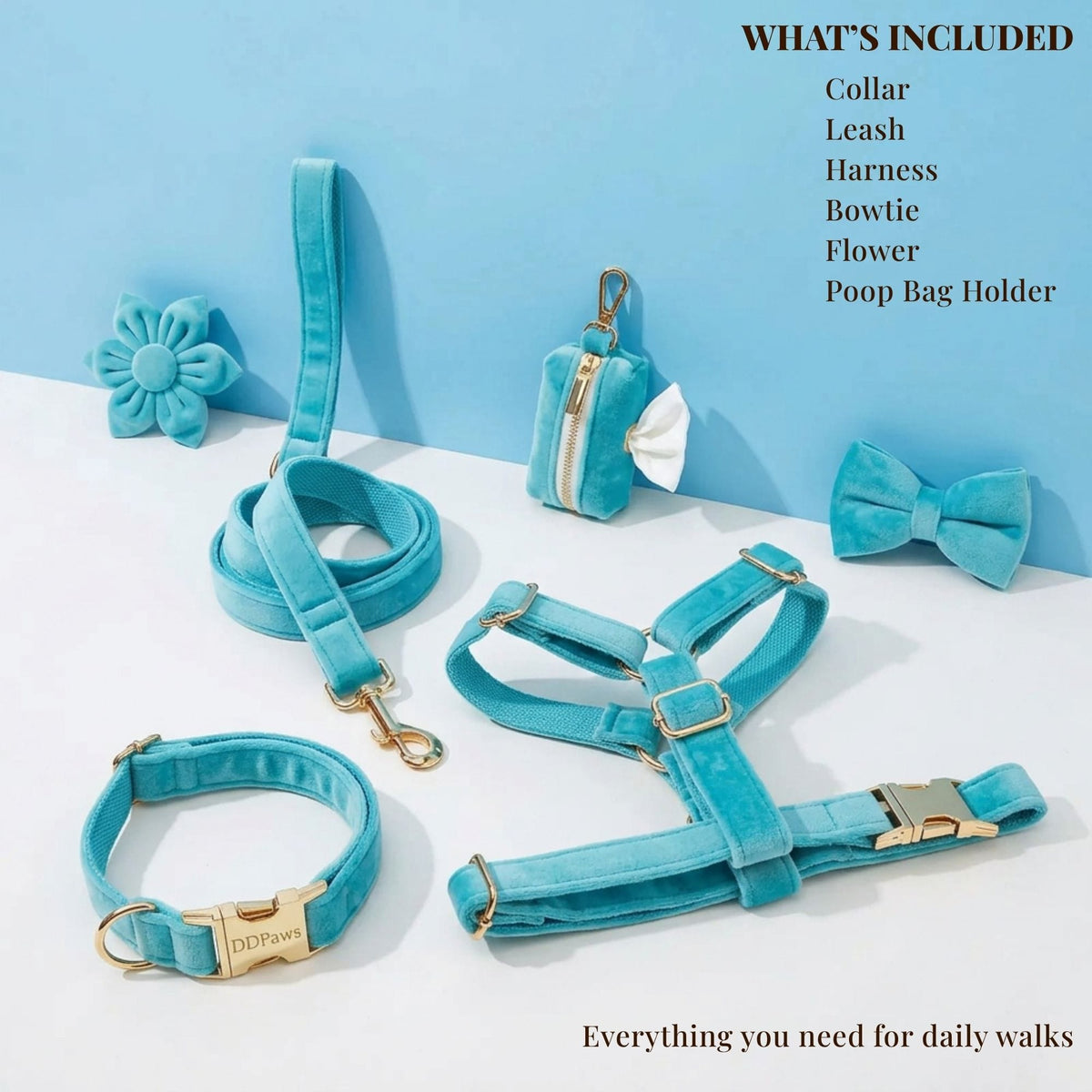 Turquoise Stone Velvet Dog Harness Set – Personalized No-Pull Harness, Leash & Collar