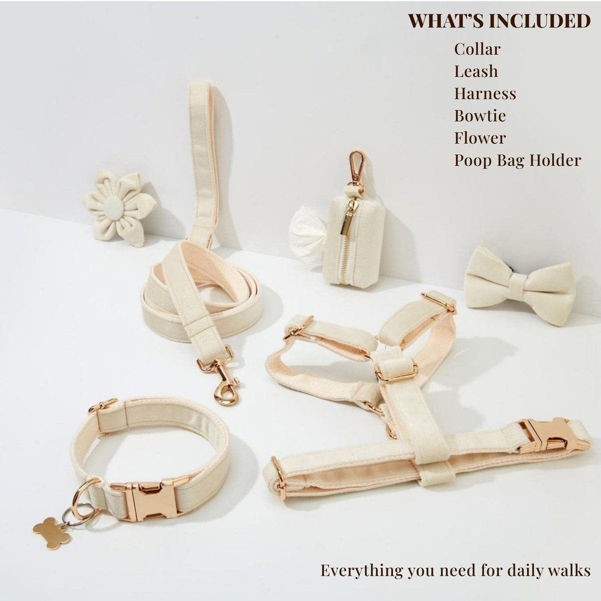 Milky White Velvet Dog Harness Set – Personalized No-Pull Harness, Leash & Collar