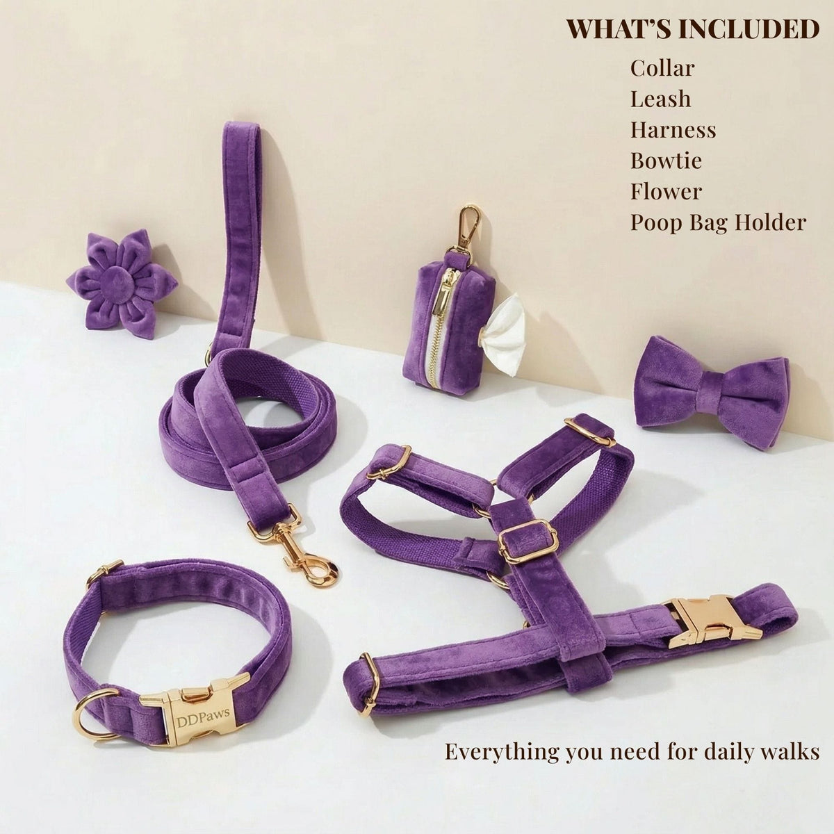 Purple Velvet Dog Harness Set – Personalized No-Pull Harness, Leash & Collar