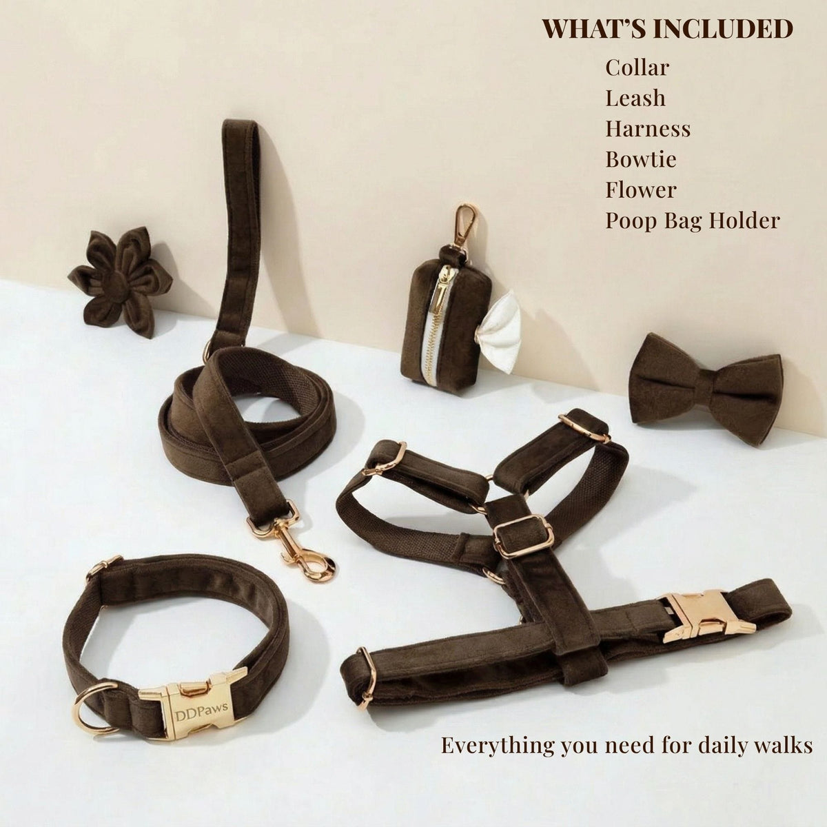 Dark Brown Velvet Dog Harness Set – Personalized No-Pull Harness, Leash & Collar