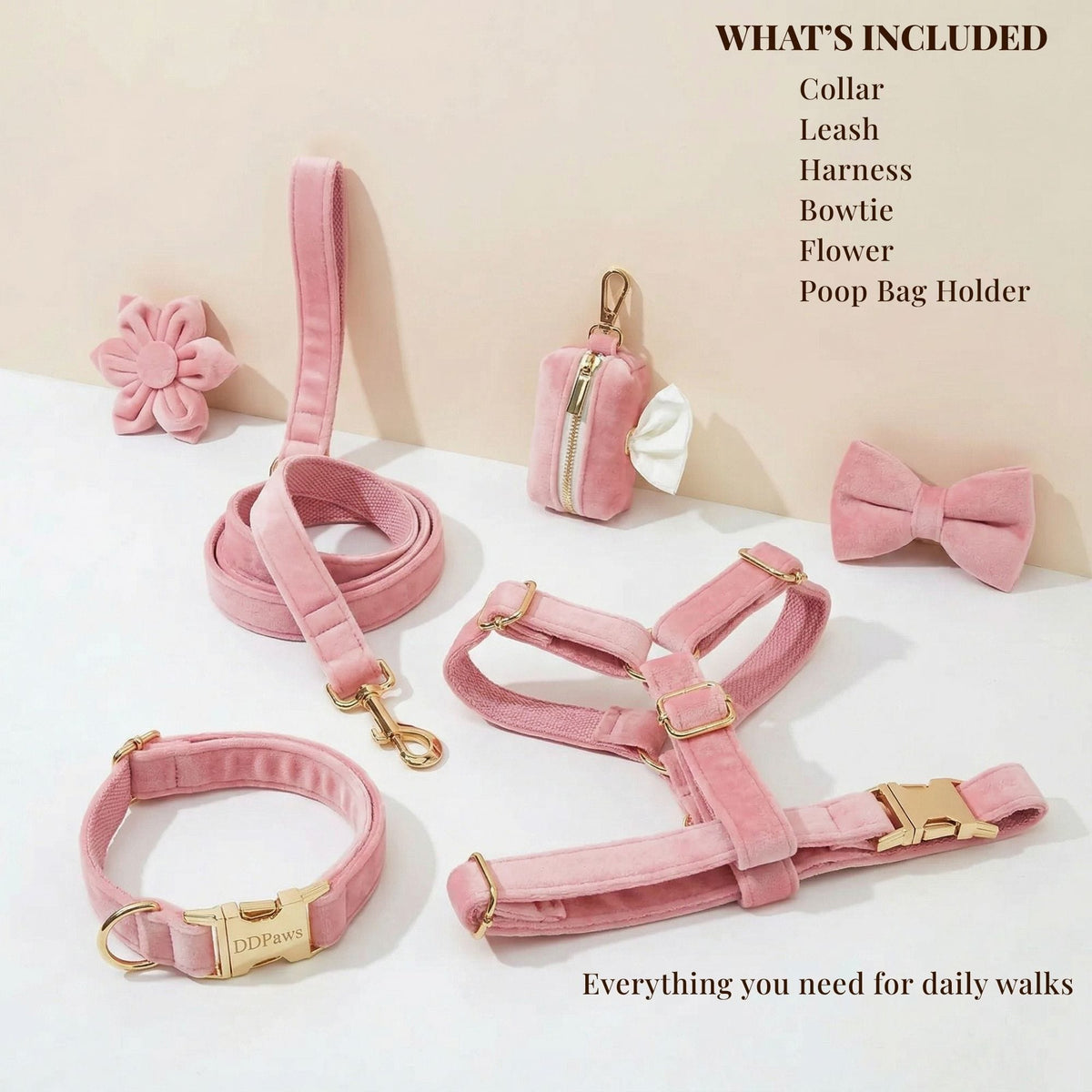 Pink Velvet Dog Harness Set – Personalized No-Pull Harness, Leash & Collar