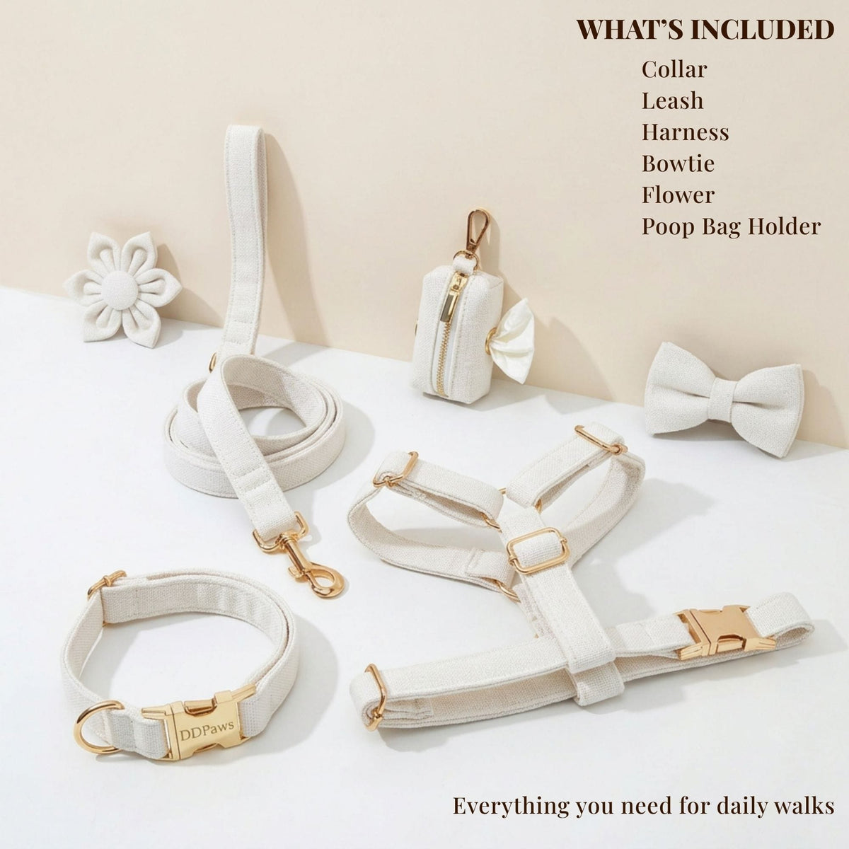 White Wedding Velvet Dog Harness Set – Personalized No-Pull Harness, Leash & Collar
