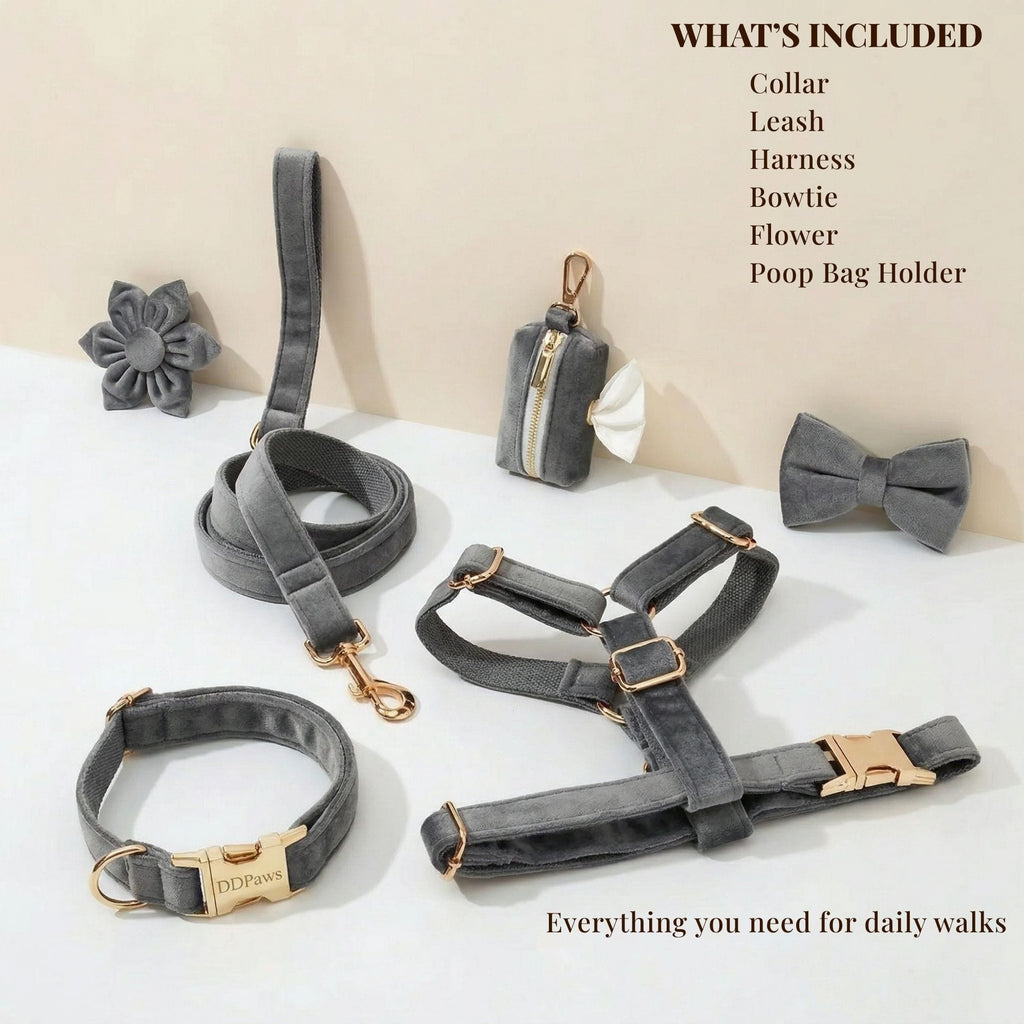 Dark Grey Velvet Dog Harness Set – Personalized No-Pull Harness, Leash & Collar