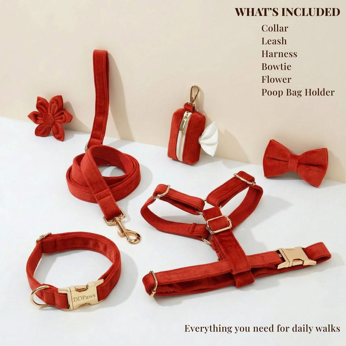 Red Velvet Dog Harness Set – Personalized No-Pull Harness, Leash & Collar
