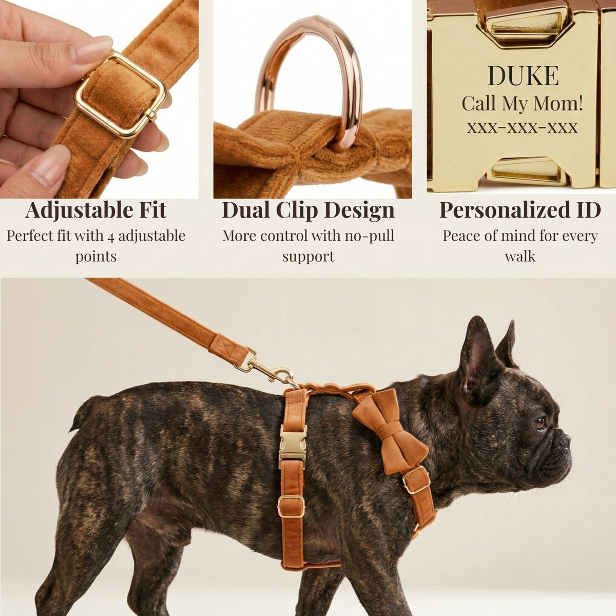Ancient Pottery Velvet Dog Harness Set – Personalized No-Pull Harness, Leash & Collar