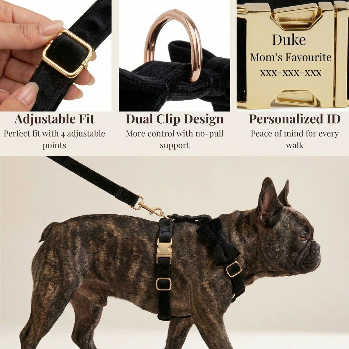 Black Velvet Dog Harness Set – Personalized No-Pull Harness, Leash & Collar