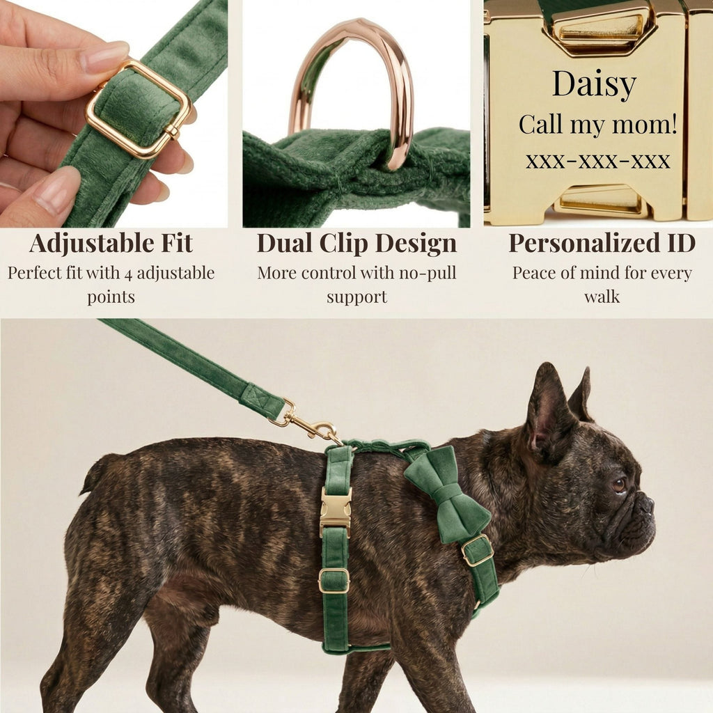 Forest Green Velvet Dog Harness Set – Personalized No-Pull Harness, Leash & Collar
