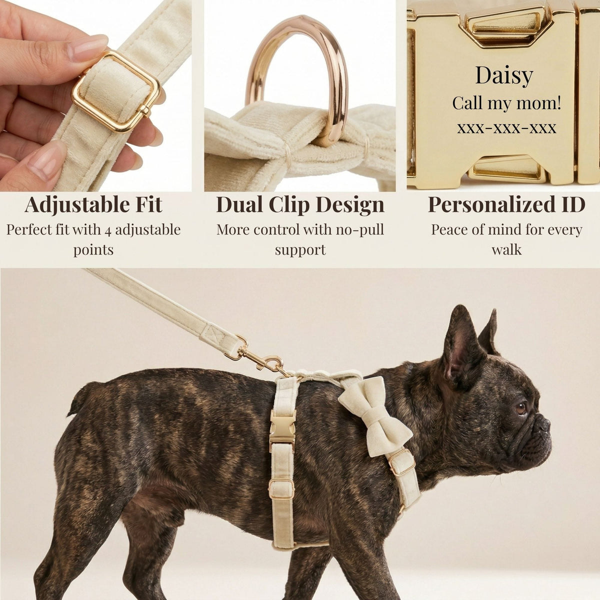Milky White Velvet Dog Harness Set – Personalized No-Pull Harness, Leash & Collar