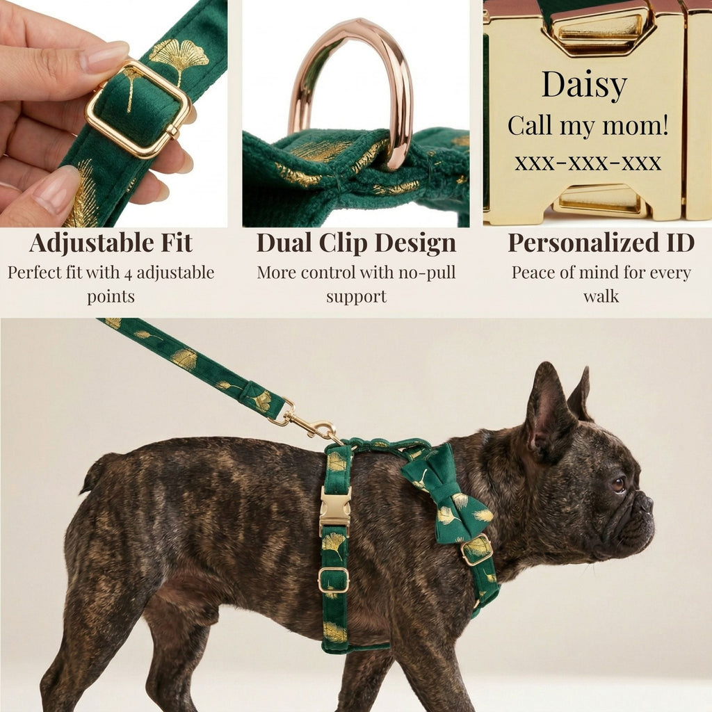 Green Feather Velvet Dog Harness Set – Personalized No-Pull Harness, Leash & Collar