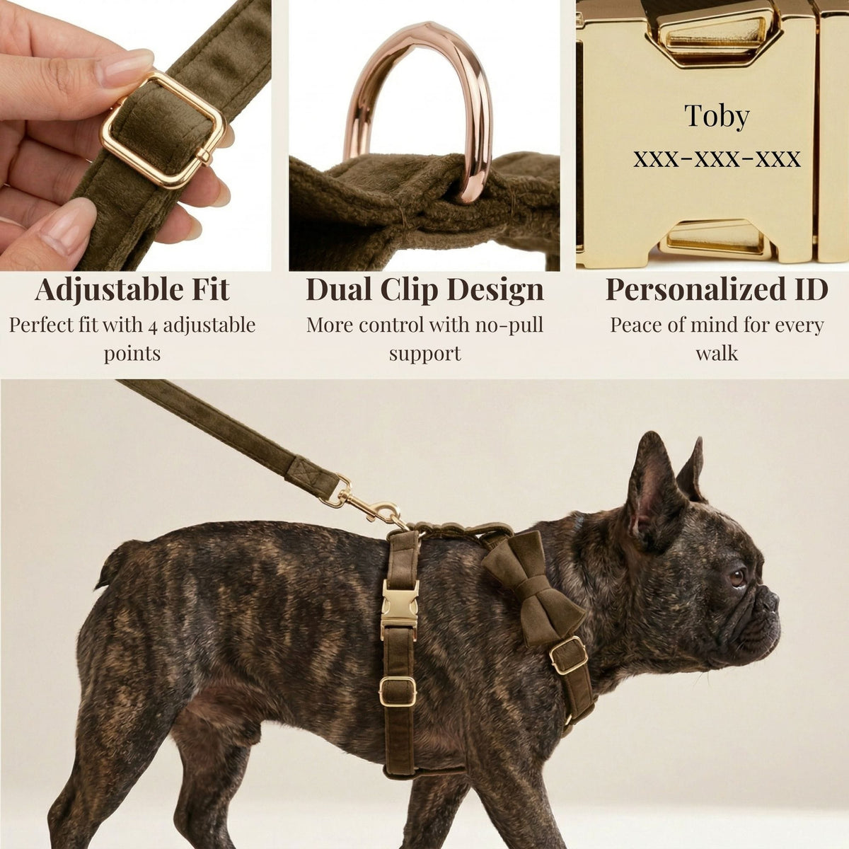 Dark Brown Velvet Dog Harness Set – Personalized No-Pull Harness, Leash & Collar