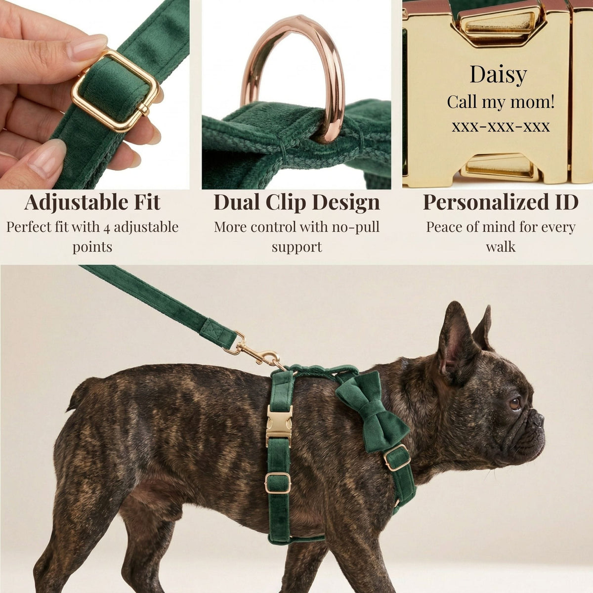 Forest Teal Velvet Dog Harness Set – Personalized No-Pull Harness, Leash & Collar