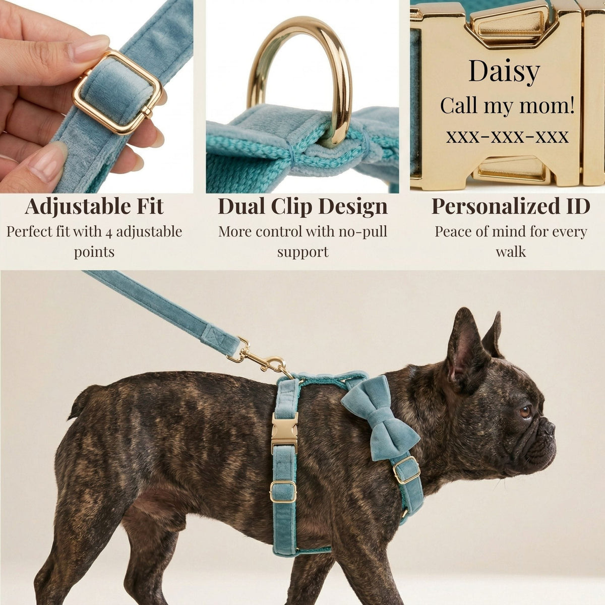 Green Ocean Velvet Dog Harness Set – Personalized No-Pull Harness, Leash & Collar