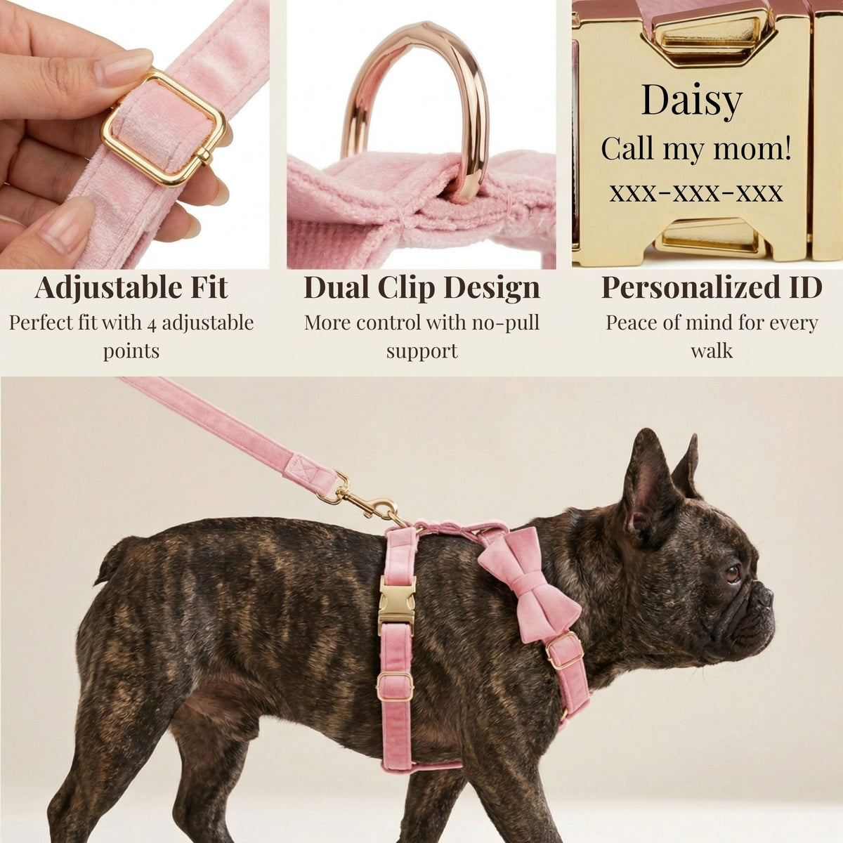 Pink Velvet Dog Harness Set – Personalized No-Pull Harness, Leash & Collar
