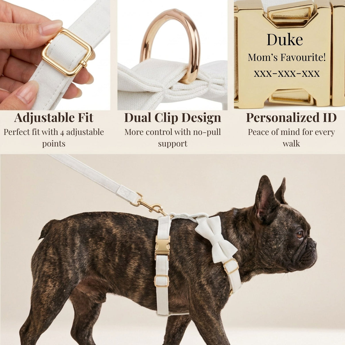 White Wedding Velvet Dog Harness Set – Personalized No-Pull Harness, Leash & Collar