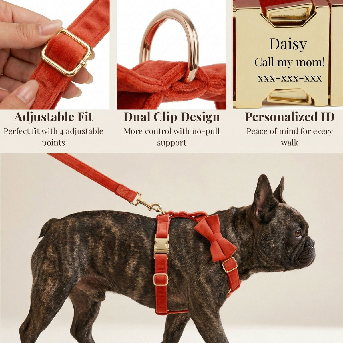 Red Velvet Dog Harness Set – Personalized No-Pull Harness, Leash & Collar