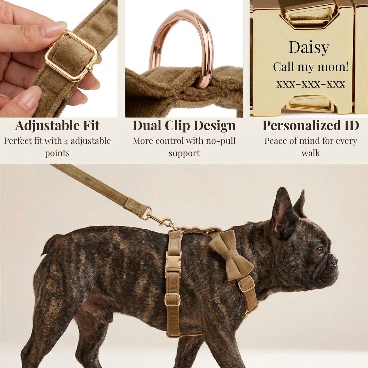 Khaki Velvet Dog Harness Set – Personalized No-Pull Harness, Leash & Collar