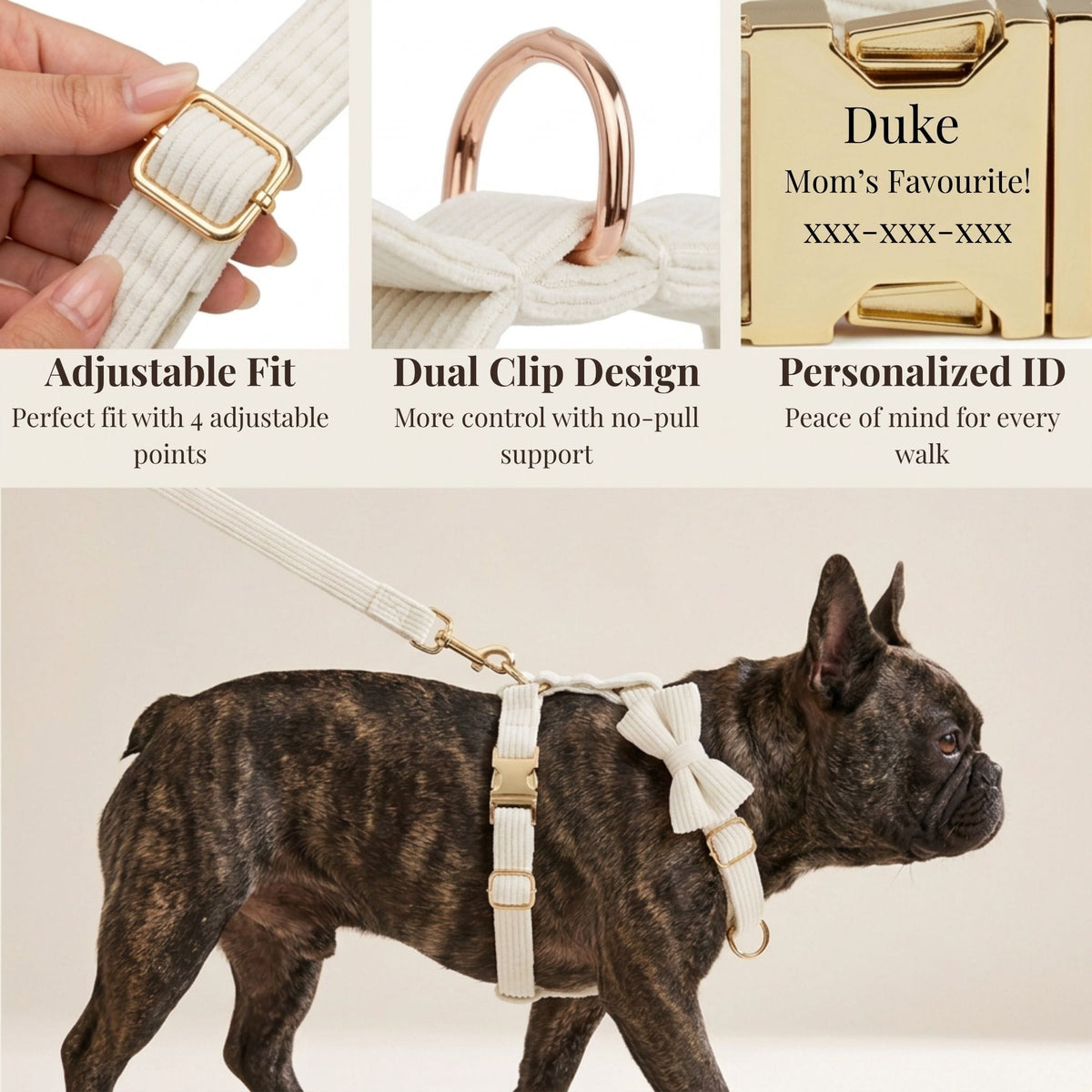 White Corduroy Dog Harness Set – Personalized No-Pull Harness, Leash & Collar