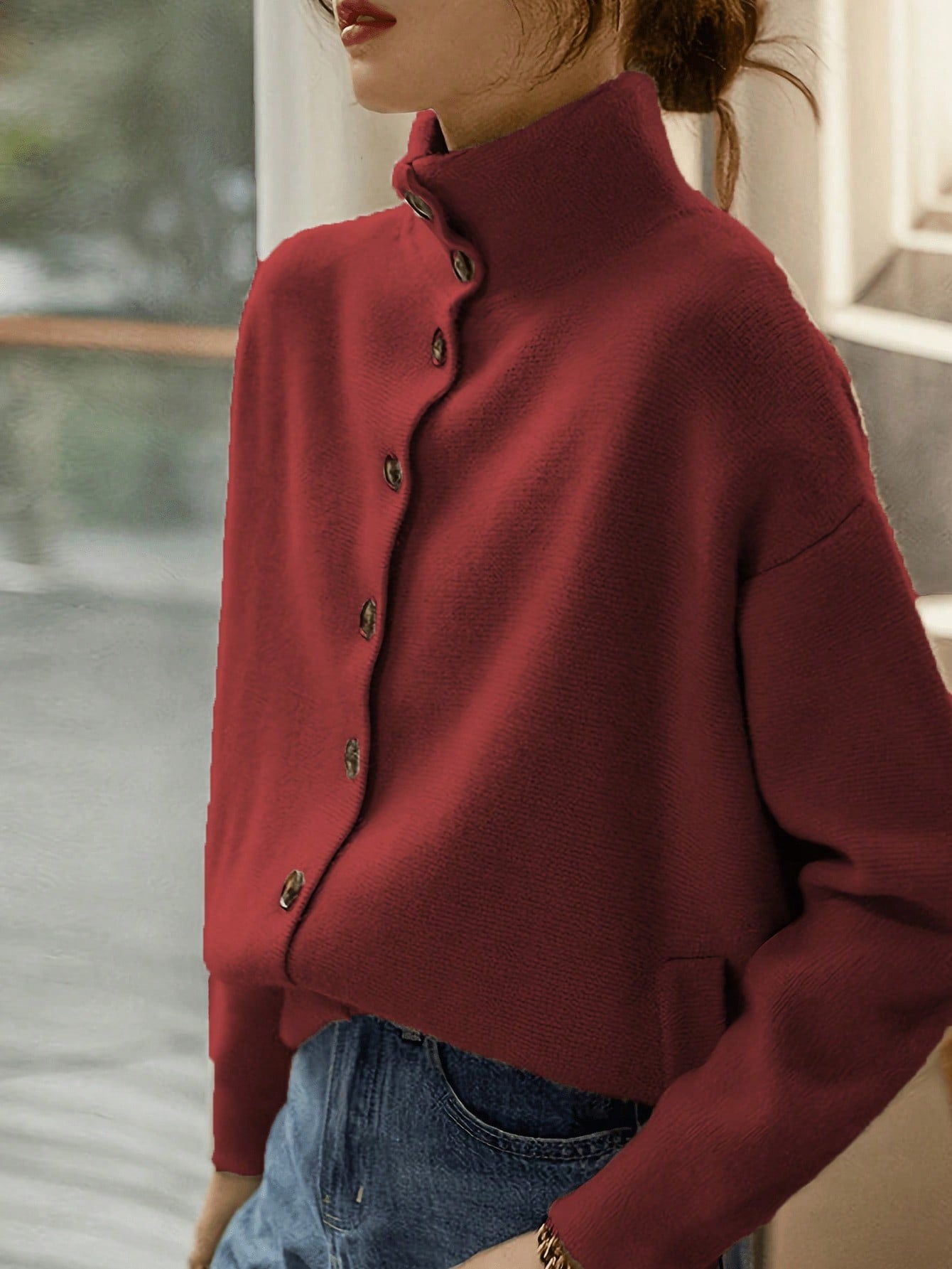 Autumn/Winter Women's Versatile Solid Color Casual Single-Button Stand Collar Long Sleeve Knit Cardigan, Elegant and Simple