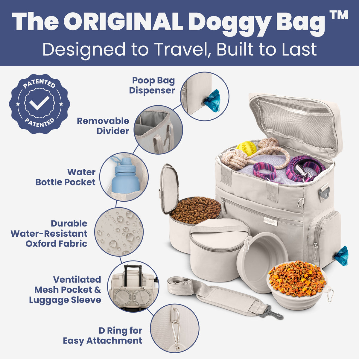 The Original Doggy Bag™ – Dog Travel Bag for Supplies with Bowls, Food Containers & Poop Bag Dispenser