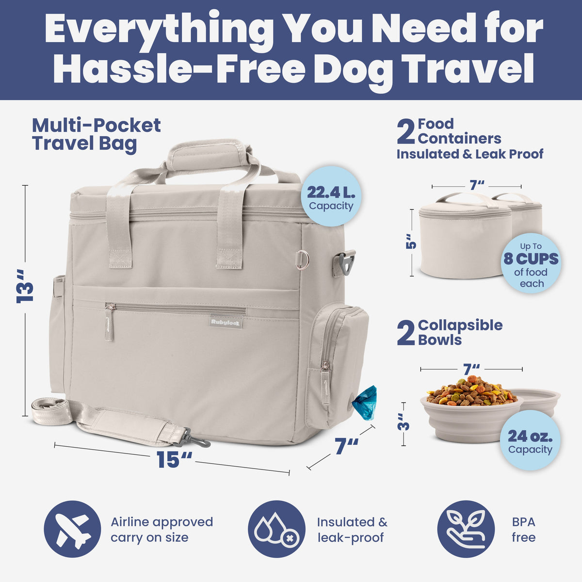 The Original Doggy Bag™ – Dog Travel Bag for Supplies with Bowls, Food Containers & Poop Bag Dispenser