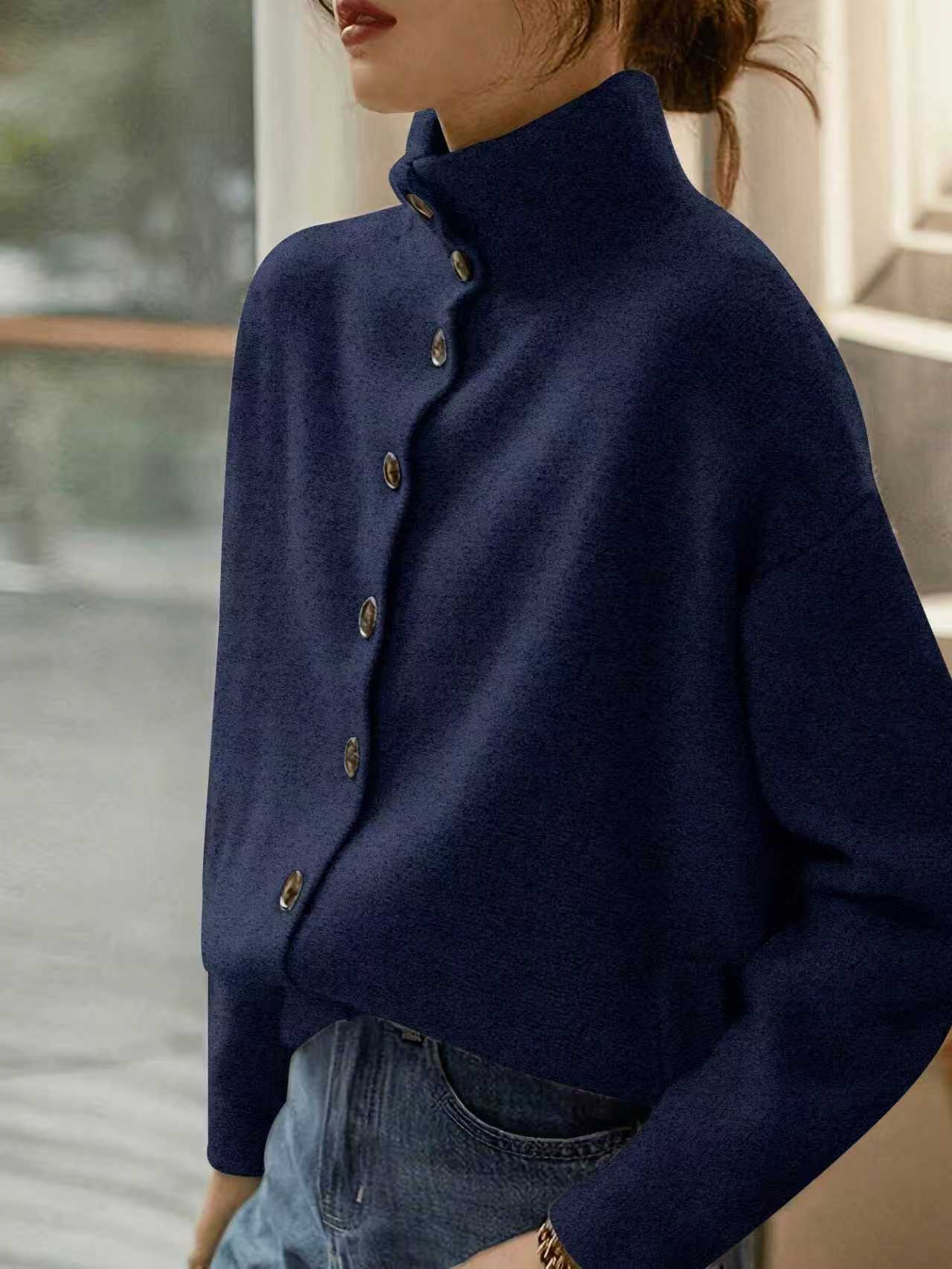 Autumn/Winter Women's Versatile Solid Color Casual Single-Button Stand Collar Long Sleeve Knit Cardigan, Elegant and Simple