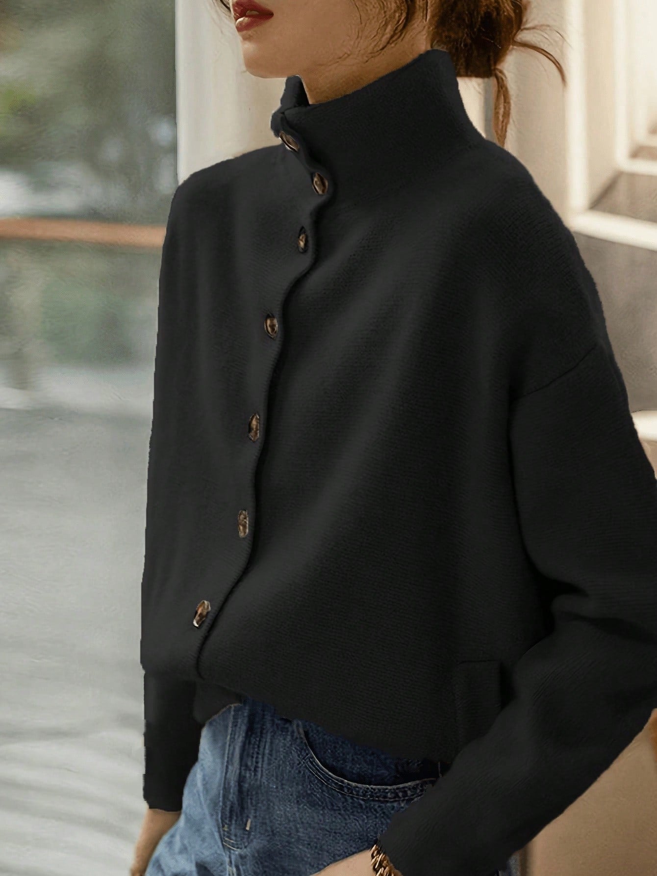 Autumn/Winter Women's Versatile Solid Color Casual Single-Button Stand Collar Long Sleeve Knit Cardigan, Elegant and Simple