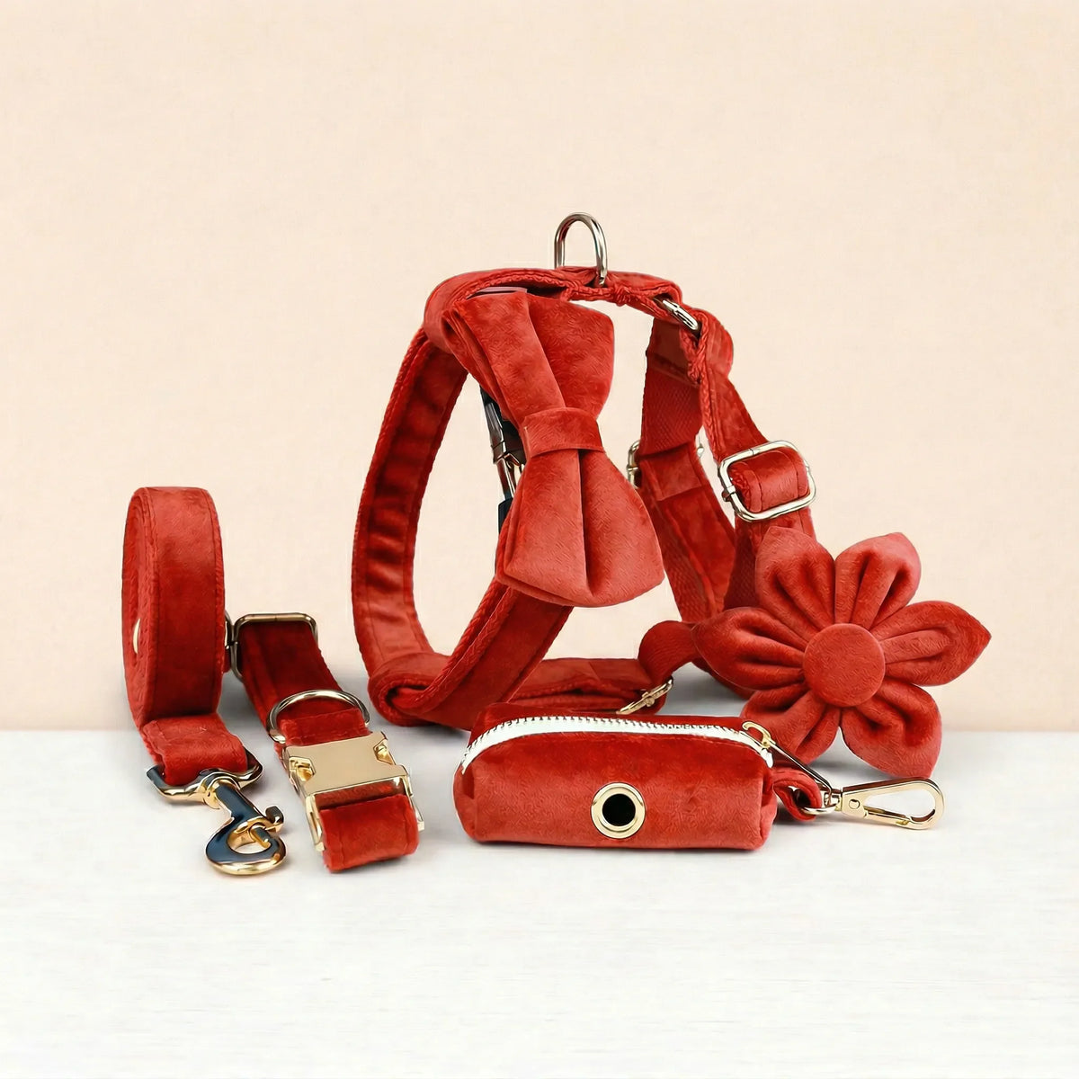 Red Velvet Dog Harness Set – Personalized No-Pull Harness, Leash & Collar