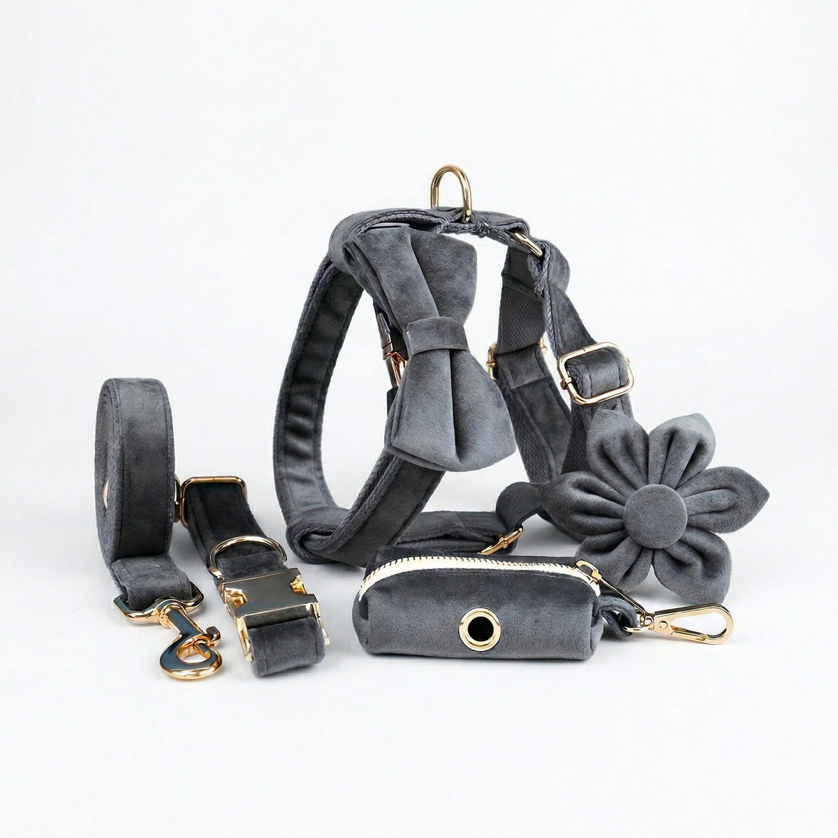 Dark Grey Velvet Dog Harness Set – Personalized No-Pull Harness, Leash & Collar