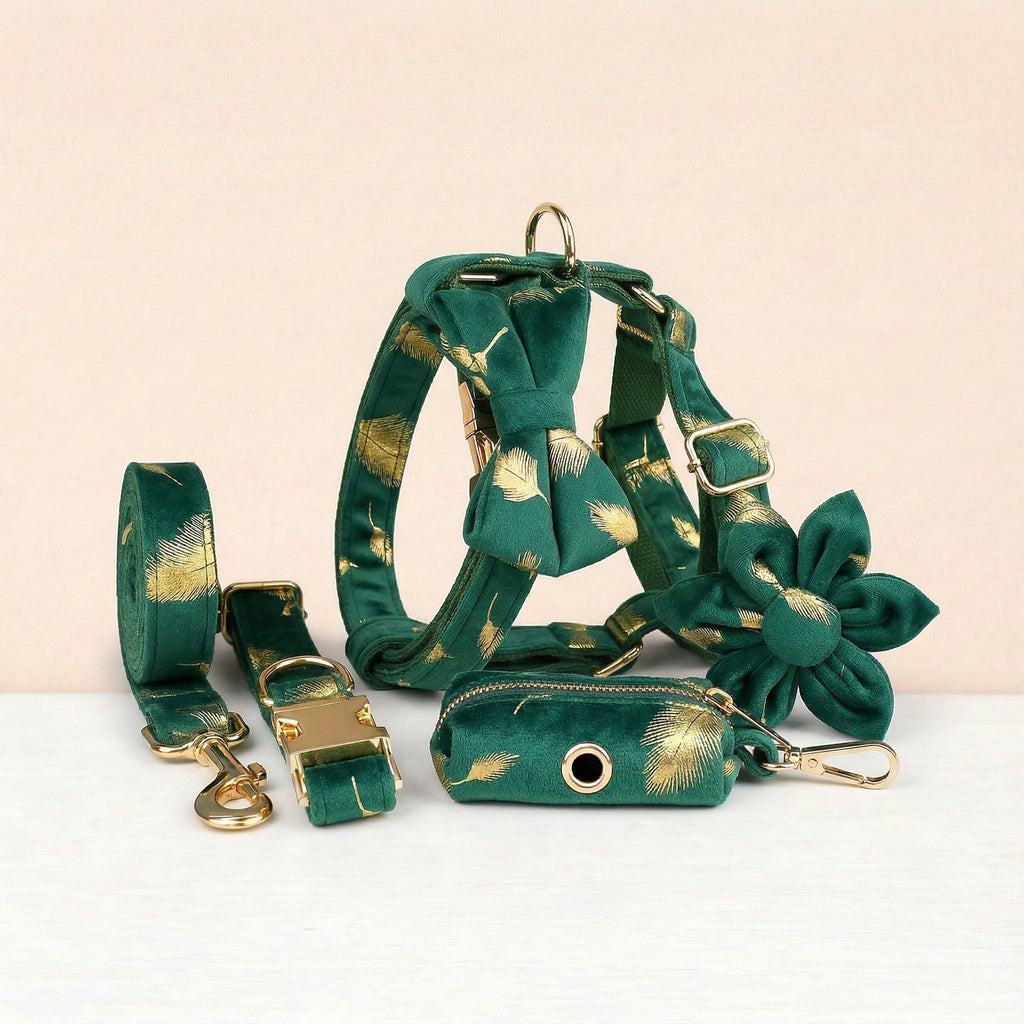 Green Feather Velvet Dog Harness Set – Personalized No-Pull Harness, Leash & Collar