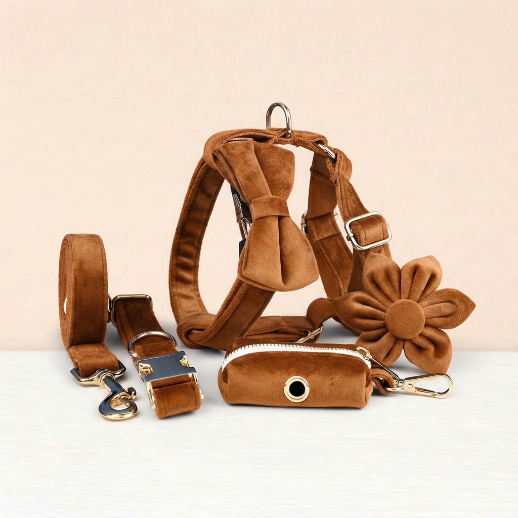 Ancient Pottery Velvet Dog Harness Set – Personalized No-Pull Harness, Leash & Collar