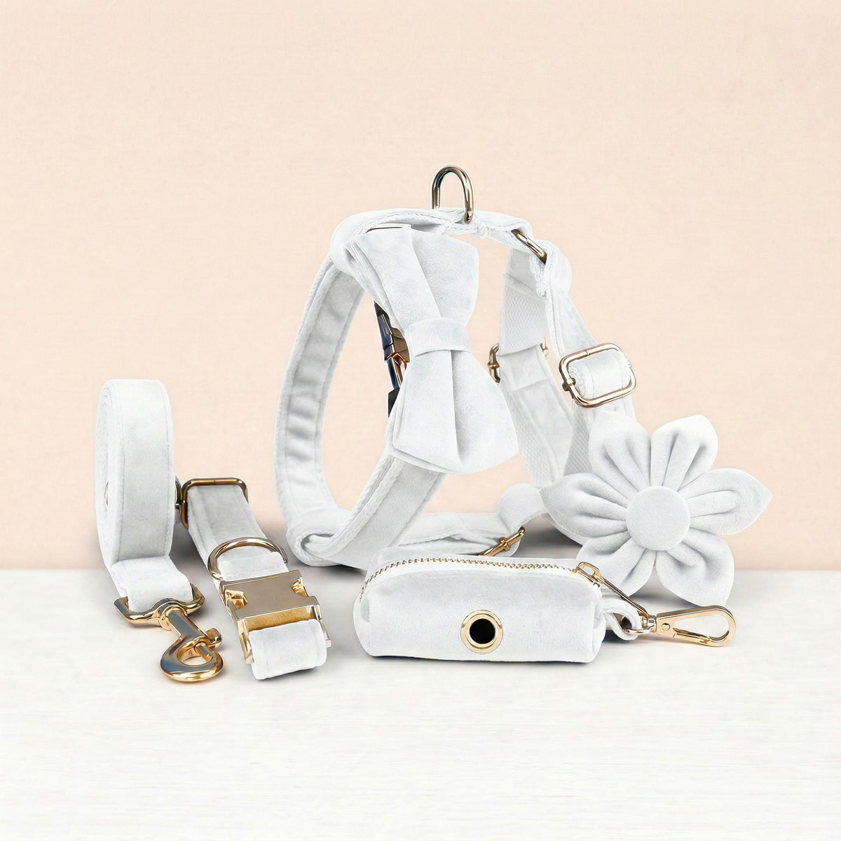 White Wedding Velvet Dog Harness Set – Personalized No-Pull Harness, Leash & Collar