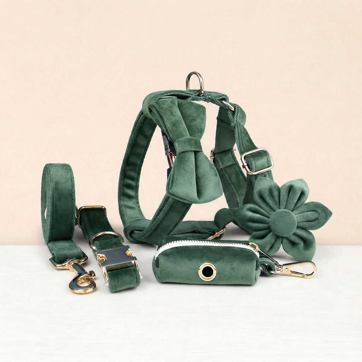 Forest Green Velvet Dog Harness Set – Personalized No-Pull Harness, Leash & Collar