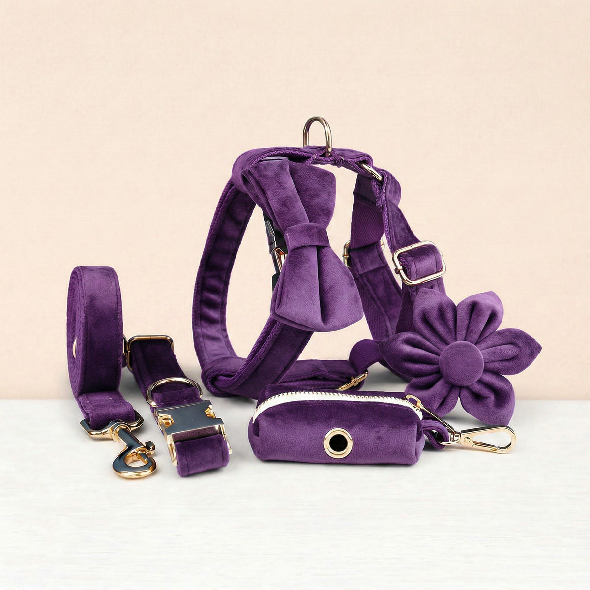 Purple Velvet Dog Harness Set – Personalized No-Pull Harness, Leash & Collar