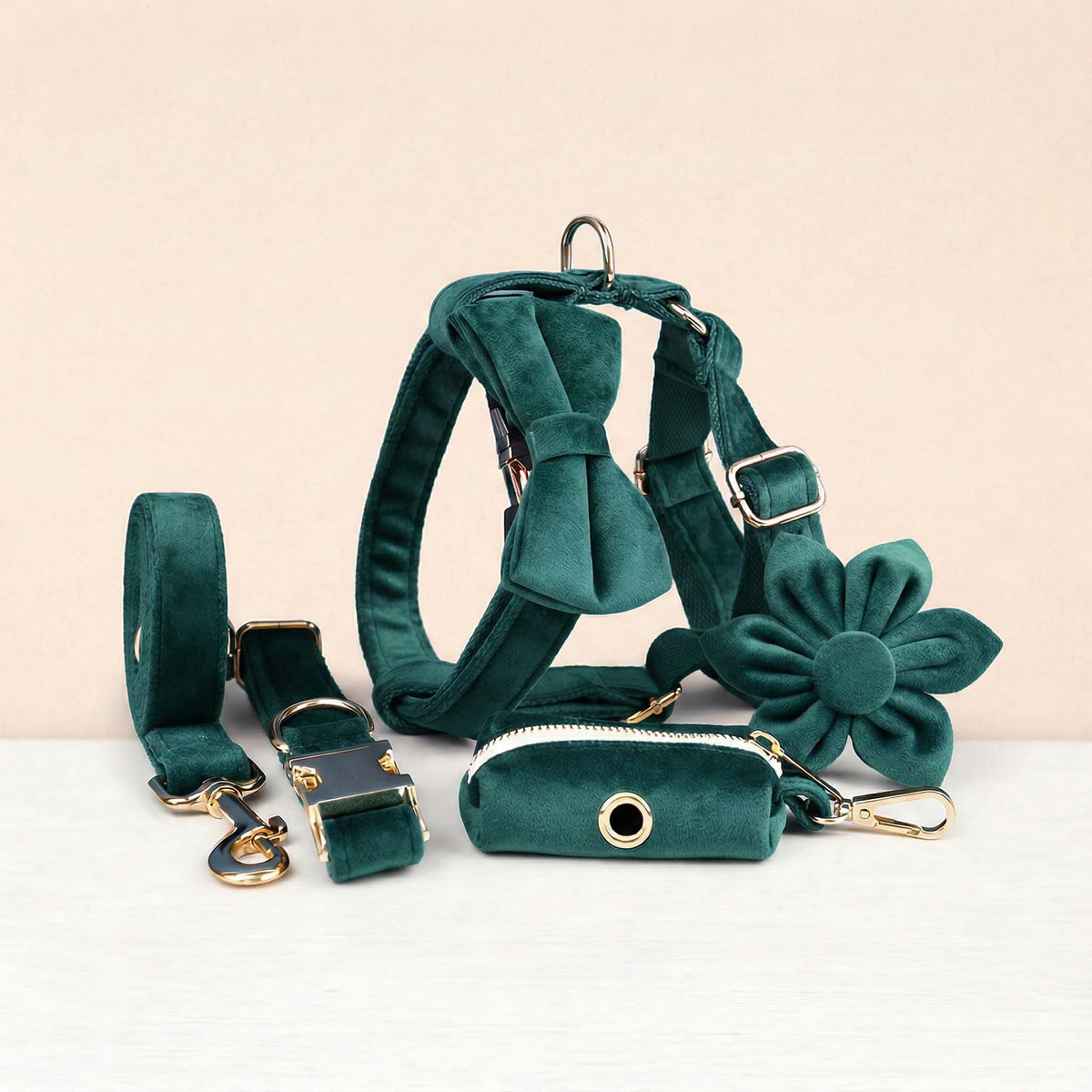 Green Velvet Dog Harness Set – Personalized No-Pull Harness, Leash & Collar