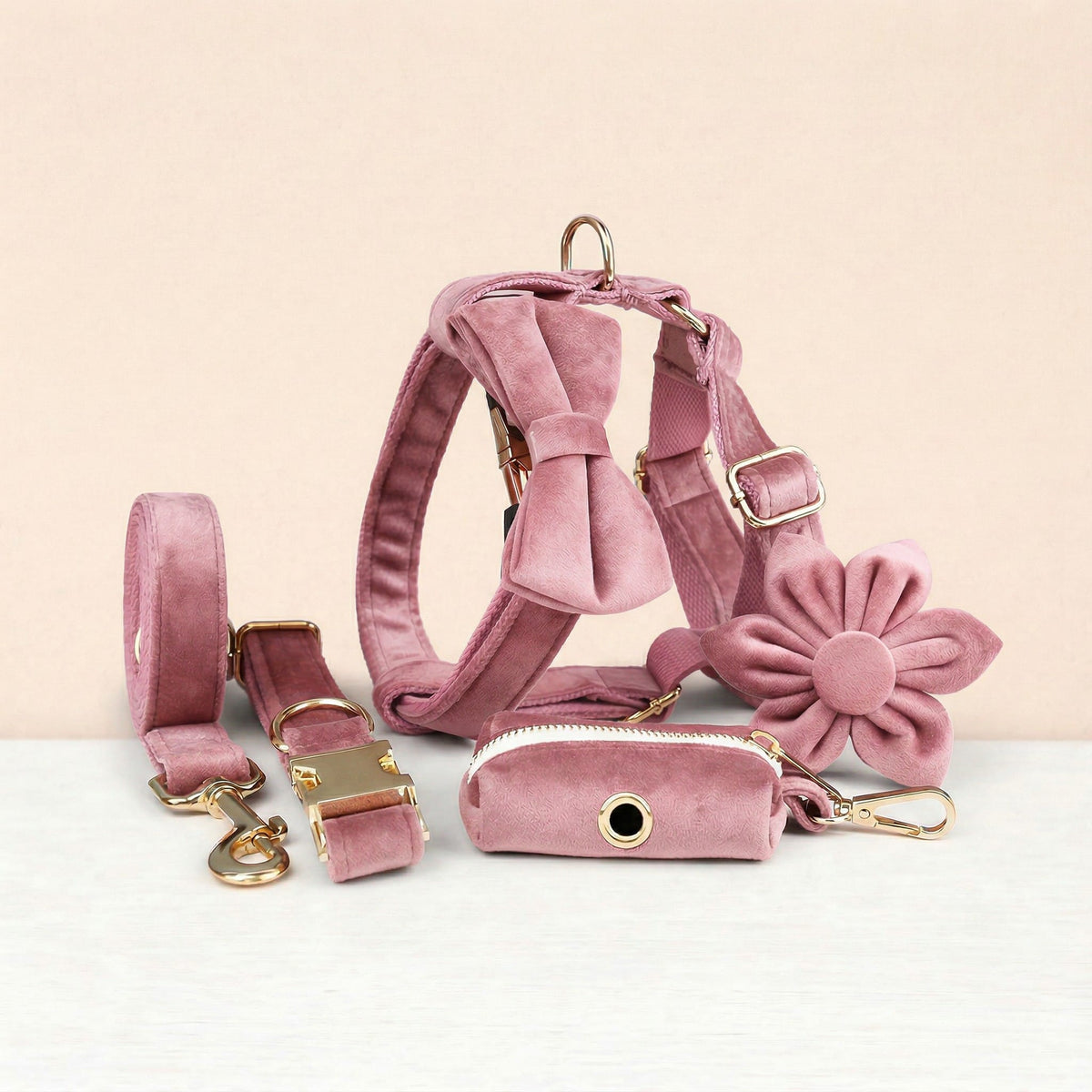 Pink Velvet Dog Harness Set – Personalized No-Pull Harness, Leash & Collar
