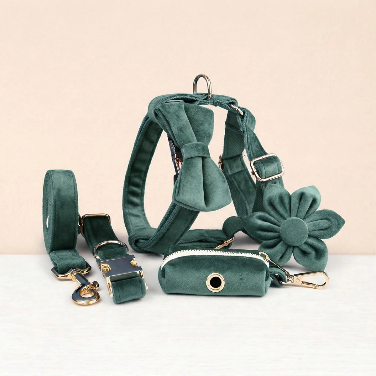 Forest Teal Velvet Dog Harness Set – Personalized No-Pull Harness, Leash & Collar