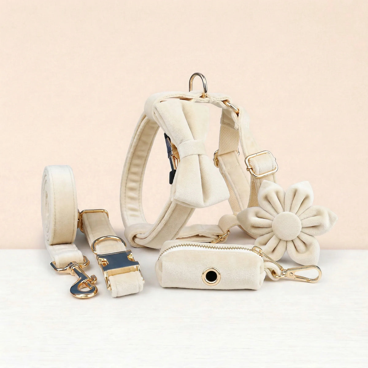 Milky White Velvet Dog Harness Set – Personalized No-Pull Harness, Leash & Collar