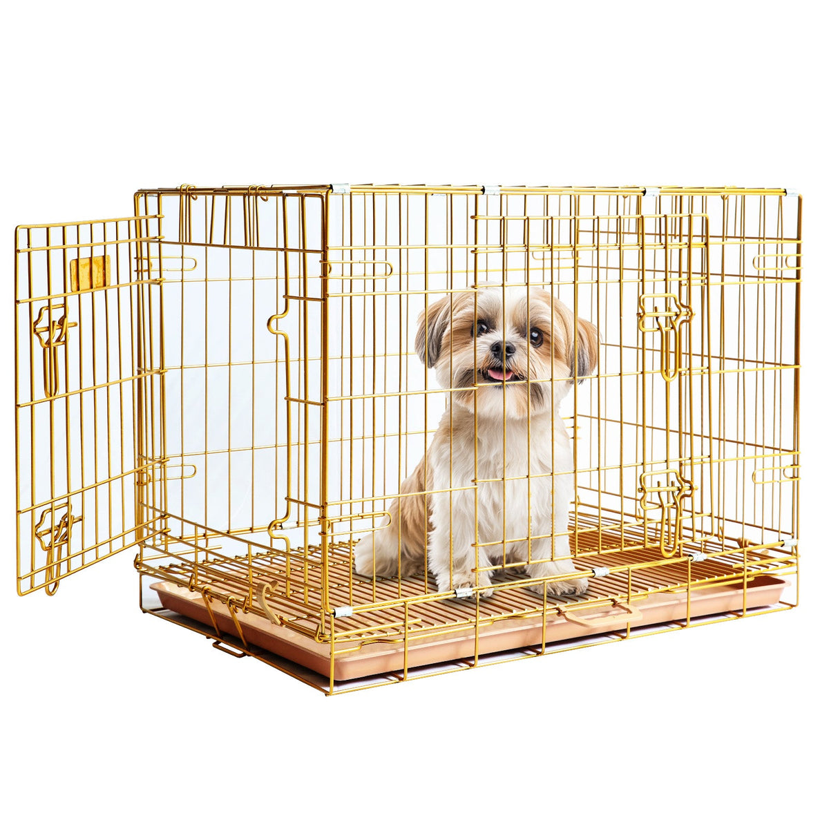 Copper Gold Double-Door Foldable Dog Crate with Removable Tray – 24–42 Inch