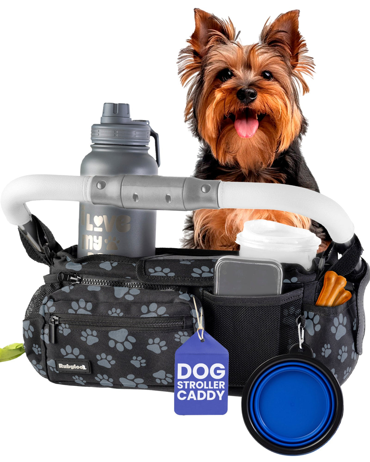 Rubyloo Dog Stroller Caddy Organizer – Insulated Cup Holders & Storage