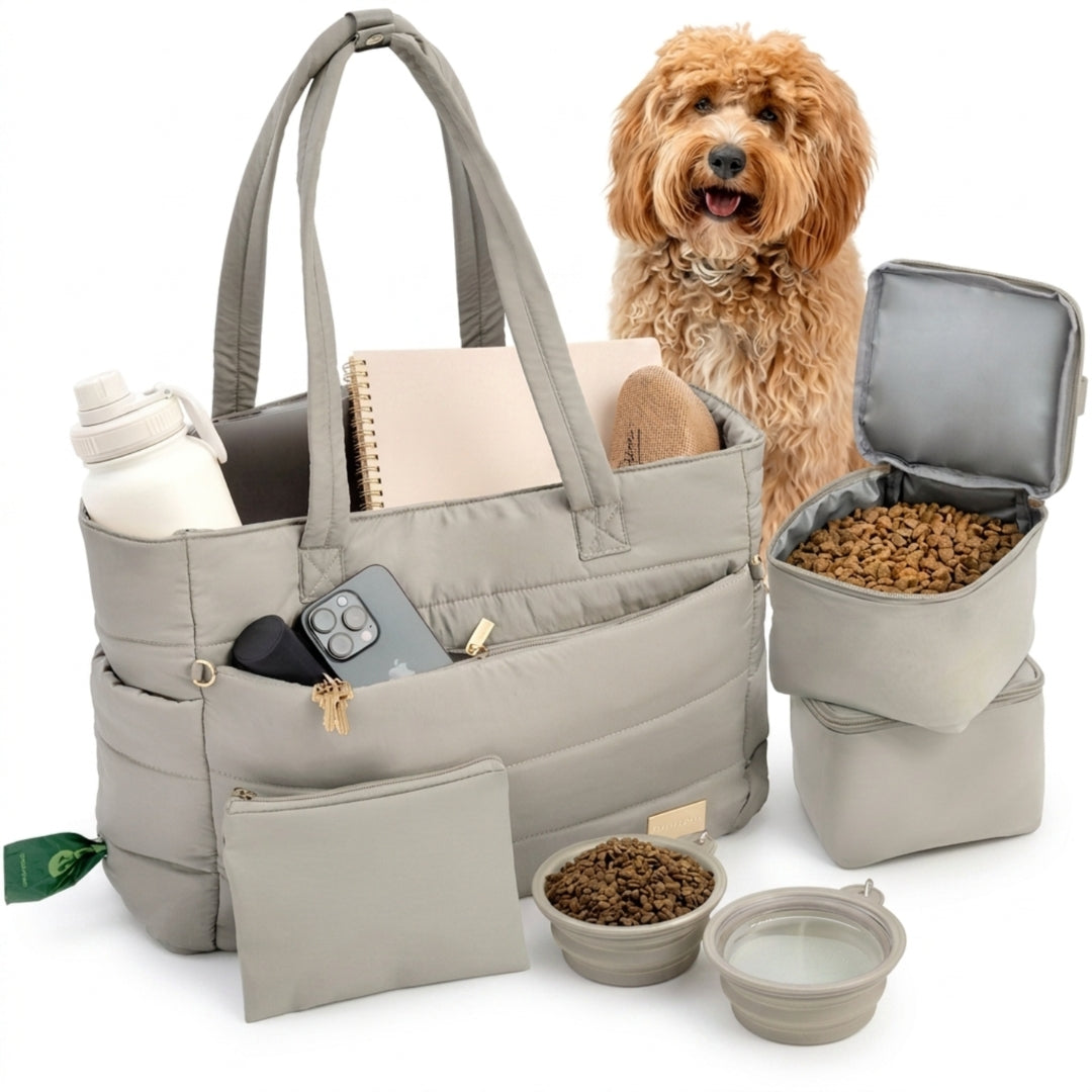 Puffer Dog Travel Tote Bag for Dog Moms – with Collapsible Bowls & Poop Bag Pocket